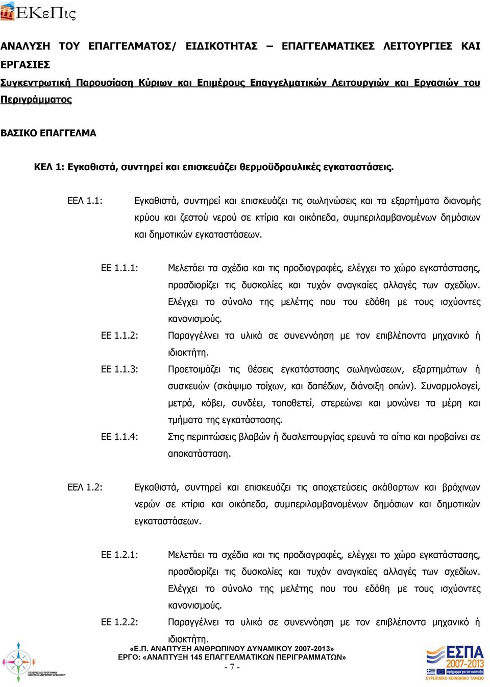 1: Εγκαθιστά, συντηρεί και επισκευάζει τις σωληνώσεις και τα εξαρτήματα διανομής κρύου και ζεστού νερού σε κτίρια και οικόπεδα, συμπεριλαμβανομένων δημόσιων και δημοτικών ΕΕ 1.1.1: ΕΕ 1.1.2: ΕΕ 1.1.3: ΕΕ 1.