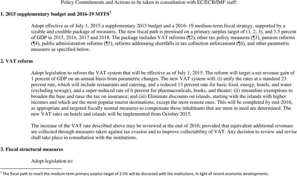supported by a sizable and credible package of measures. The new fiscal path is premised on a primary surplus target of (1, 2, 3), and 3.5 percent of GDP in 2015, 2016, 2017 and 2018.