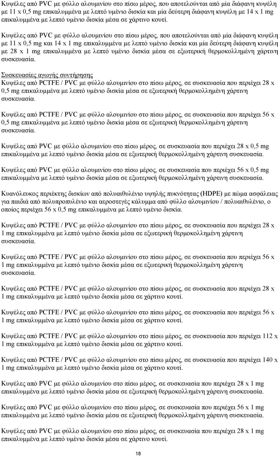 Κυψέλες από PVC με φύλλο αλουμινίου στο πίσω μέρος, που αποτελούνται από μία διάφανη κυψέλη με 11 x 0,5 mg και 14 x 1 mg επικαλυμμένα με λεπτό υμένιο δισκία και μία δεύτερη διάφανη κυψέλη με 28 x 1