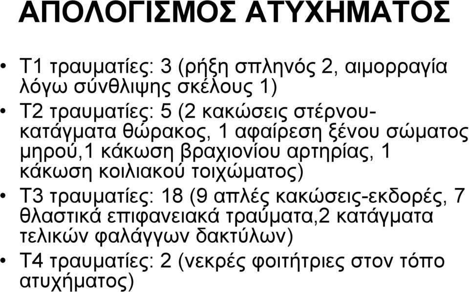 αξηεξίαο, 1 θάθσζε θνηιηαθνύ ηνηρώκαηνο) Τ3 ηξαπκαηίεο: 18 (9 απιέο θαθώζεηο-εθδνξέο, 7 ζιαζηηθά