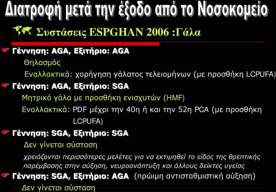 LCPUFA) Γέννηση: SGA, Εξιτήριο: SGA Δεν γίνεται σύσταση χρειάζονται περισσότερες μελέτες για να εκτιμηθεί το είδος της θρεπτικής
