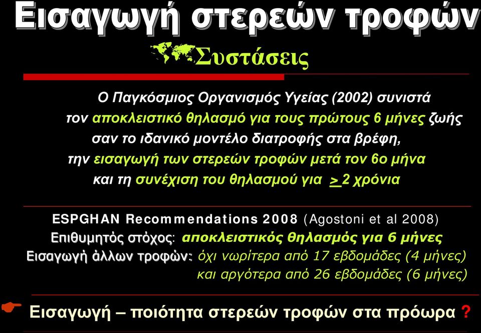 χρόνια ESPGHAN Recommendations 2008 (Agostoni et al 2008) Επιθυμητός στόχος: αποκλειστικός θηλασμός για 6 μήνες Εισαγωγή
