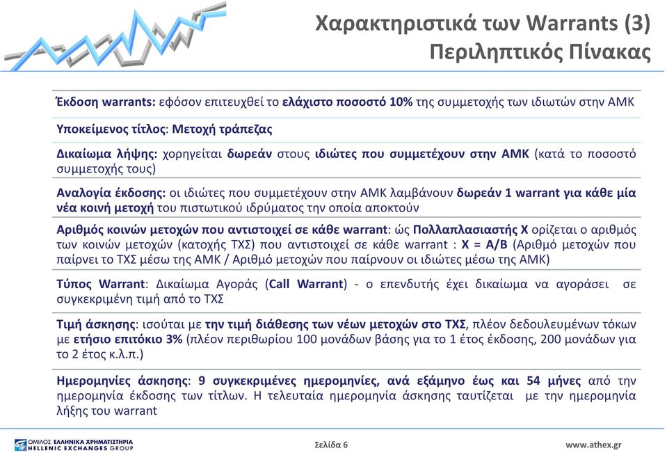 μετοχή του πιστωτικού ιδρύματος την οποία αποκτούν Αριθμός κοινών μετοχών που αντιστοιχεί σε κάθε warrant: ώς Πολλαπλασιαστής X ορίζεται ο αριθμός των κοινών μετοχών (κατοχής ΤΧΣ) που αντιστοιχεί σε