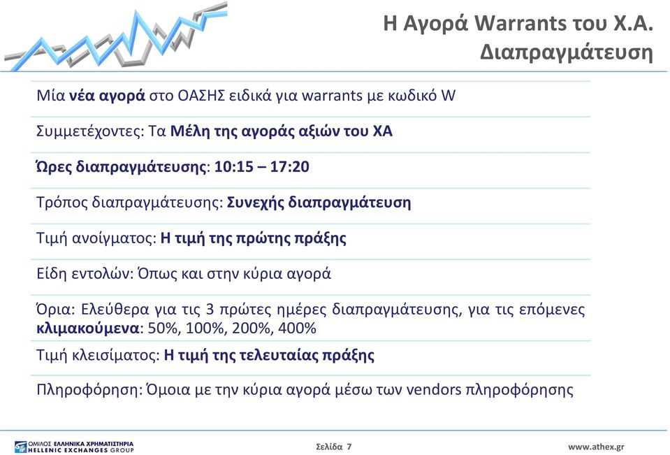 Αγορά Warrants του Χ.Α. Διαπραγμάτευση Όρια: Ελεύθερα για τις 3 πρώτες ημέρες διαπραγμάτευσης, για τις επόμενες κλιμακούμενα: 50%,