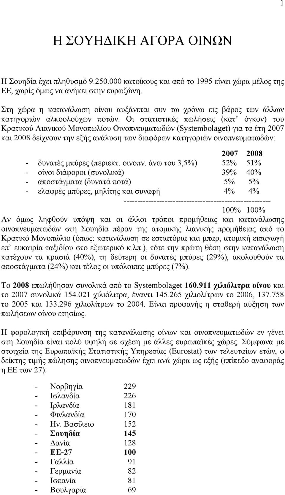 Oι στατιστικές πωλήσεις (κατ όγκον) του Κρατικού Λιανικού Μονοπωλίου Οινοπνευµατωδών (Systembolaget) για τα έτη 2007 και 2008 δείχνουν την εξής ανάλυση των διαφόρων κατηγοριών οινοπνευµατωδών: 2007