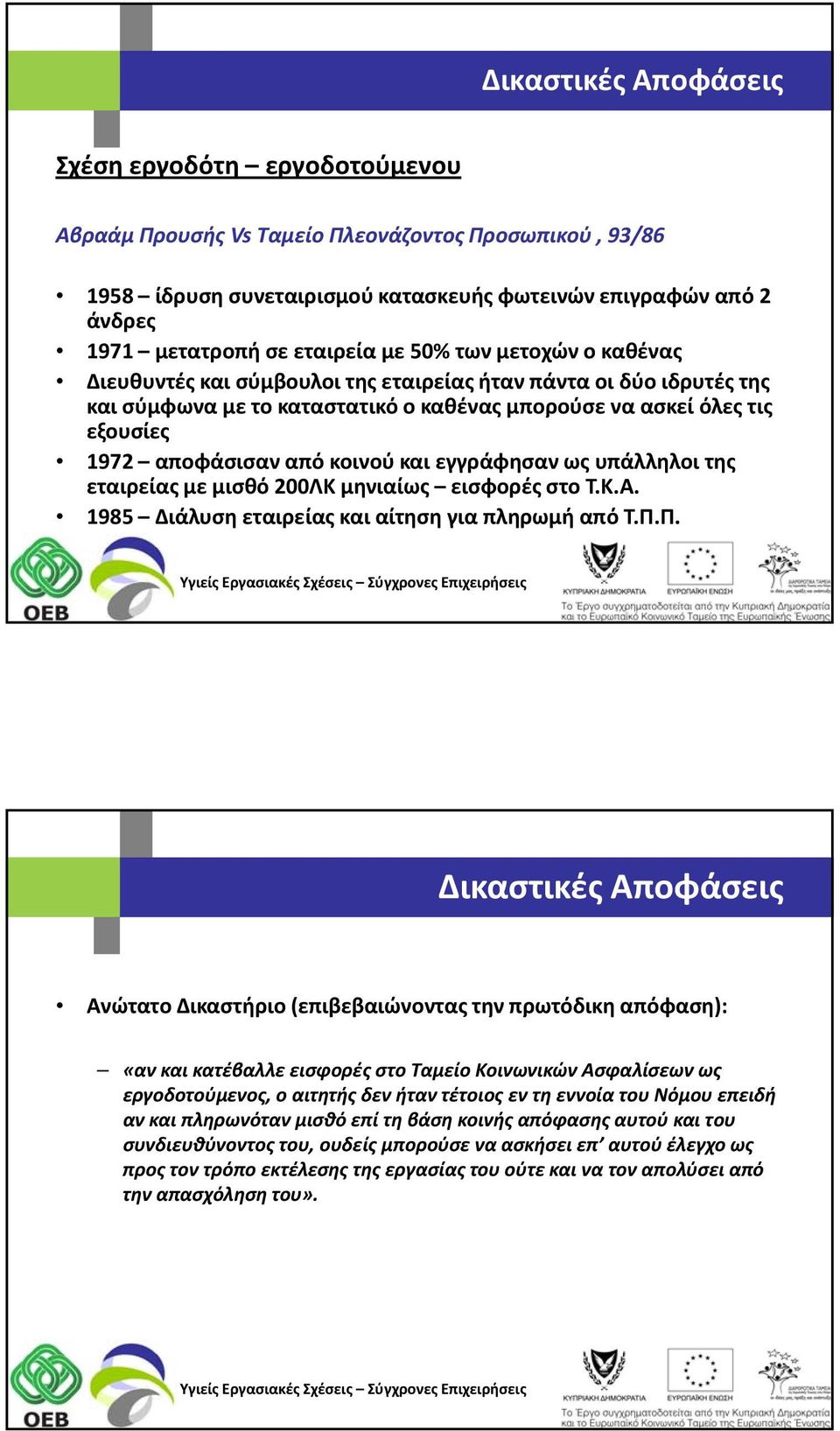 από κοινού και εγγράφησαν ως υπάλληλοι της εταιρείας με μισθό 200ΛΚ μηνιαίως εισφορές στο Τ.Κ.Α. 1985 Διάλυση εταιρείας και αίτηση για πληρωμή από Τ.Π.