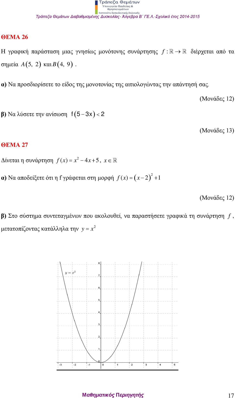 (Μονάδες 1) β) Να λύσετε την ανίσωση f 5 3x ΘΕΜΑ 7 Δίνεται η συνάρτηση f ( x) x 4x 5, x f ( x) x 1 α) Να αποδείξετε ότι