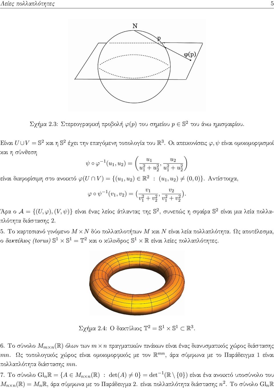 1 + u2 2 ) : (u 1, u 2 ) (0, 0)}. Αντίστοιχα, v 2 v 2 1 + v2 2 Άρα ο A = {(U, ϕ), (V, ψ)} είναι ένας λείος άτλαντας της S 2, συνεπώς η σφαίρα S 2 είναι μια λεία πολλαπλότητα διάστασης 2. 5.