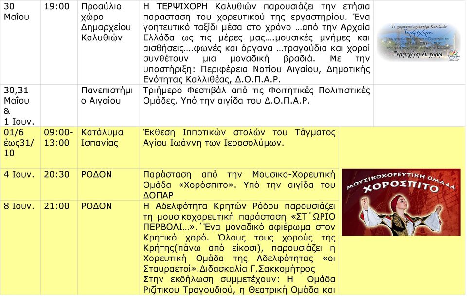 φωνές και όργανα τραγούδια και χοροί συνθέτουν μια μοναδική βραδιά. Με την υποστήριξη: Περιφέρεια Νοτίου Αιγαίου, Δημοτικής Ενότητας Καλλιθέας, Δ.Ο.Π.Α.Ρ.
