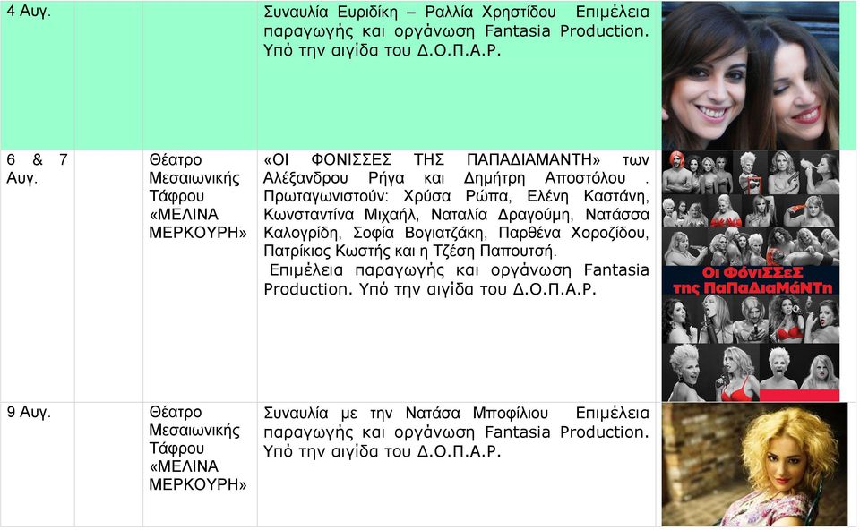Πρωταγωνιστούν: Χρύσα Ρώπα, Ελένη Καστάνη, Κωνσταντίνα Μιχαήλ, Ναταλία Δραγούμη, Νατάσσα Καλογρίδη, Σοφία Βογιατζάκη, Παρθένα Χοροζίδου, Πατρίκιος