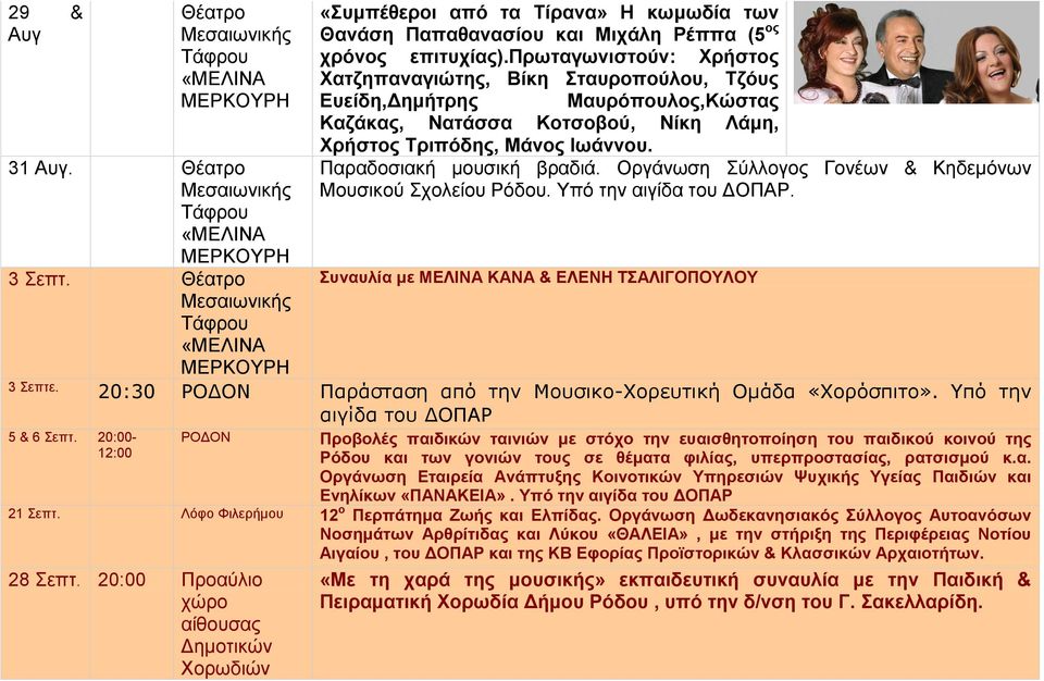 Οργάνωση Σύλλογος Γονέων & Κηδεμόνων Μουσικού Σχολείου Ρόδου. Υπό την αιγίδα του ΔΟΠΑΡ. Συναυλία με ΜΕΛΙΝΑ ΚΑΝΑ & ΕΛΕΝΗ ΤΣΑΛΙΓΟΠΟΥΛΟΥ 3 Σεπτε.