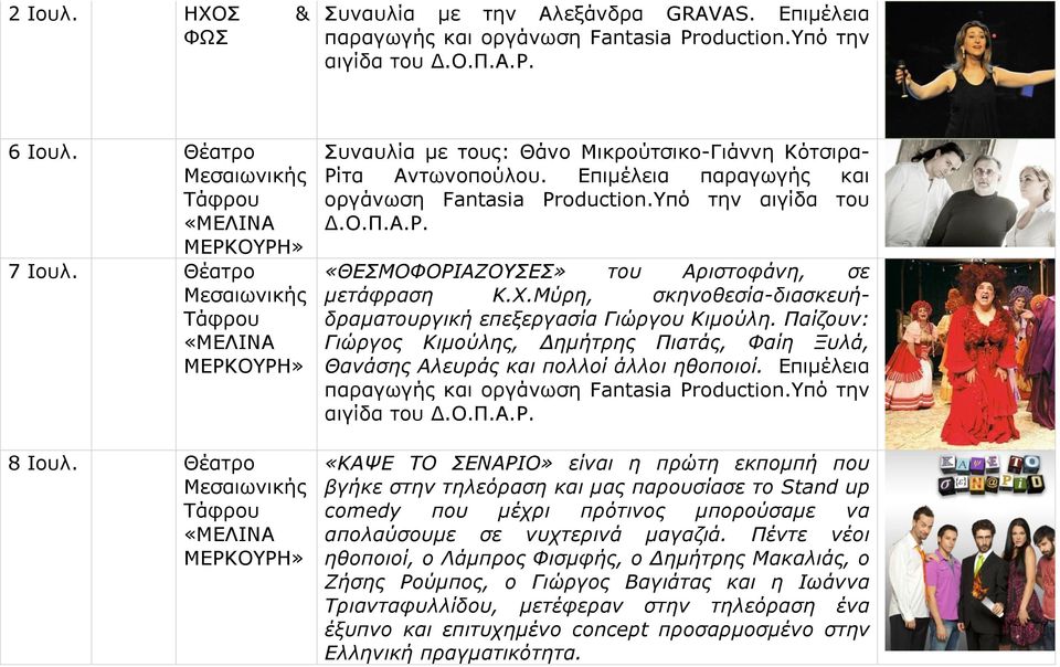 Χ.Μύρη, σκηνοθεσία-διασκευήδραματουργική επεξεργασία Γιώργου Κιμούλη. Παίζουν: Γιώργος Κιμούλης, Δημήτρης Πιατάς, Φαίη Ξυλά, Θανάσης Αλευράς και πολλοί άλλοι ηθοποιοί.