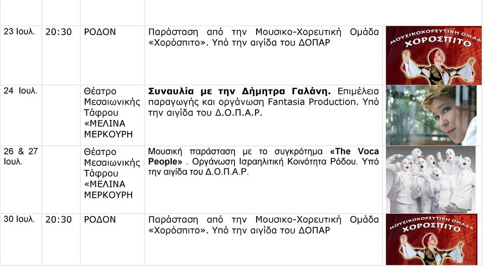26 & 27 Ιουλ. Μουσική παράσταση με το συγκρότημα «The Voca People». Οργάνωση Ισραηλιτική Κοινότητα Ρόδου.