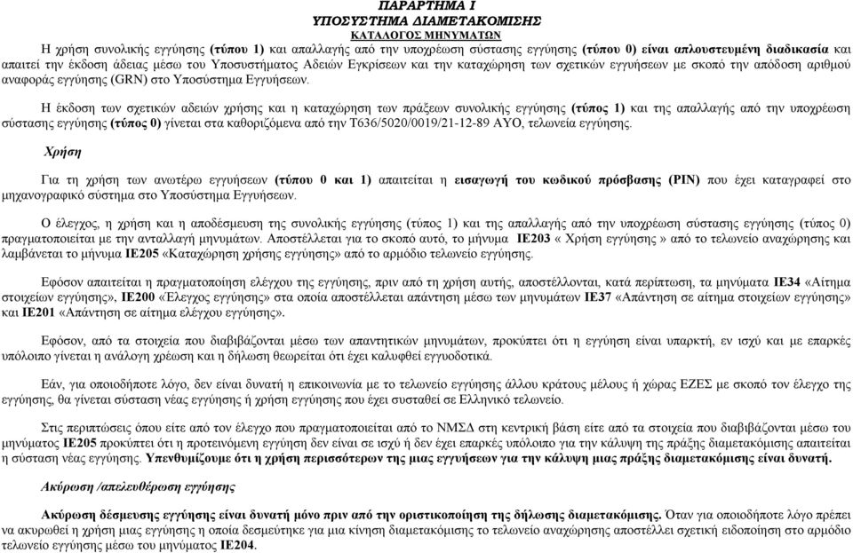 Η έκδοση των σχετικών αδειών χρήσης και η καταχώρηση των πράξεων συνολικής εγγύησης (τύπος 1) και της απαλλαγής από την υποχρέωση σύστασης εγγύησης (τύπος 0) γίνεται στα καθοριζόμενα από την