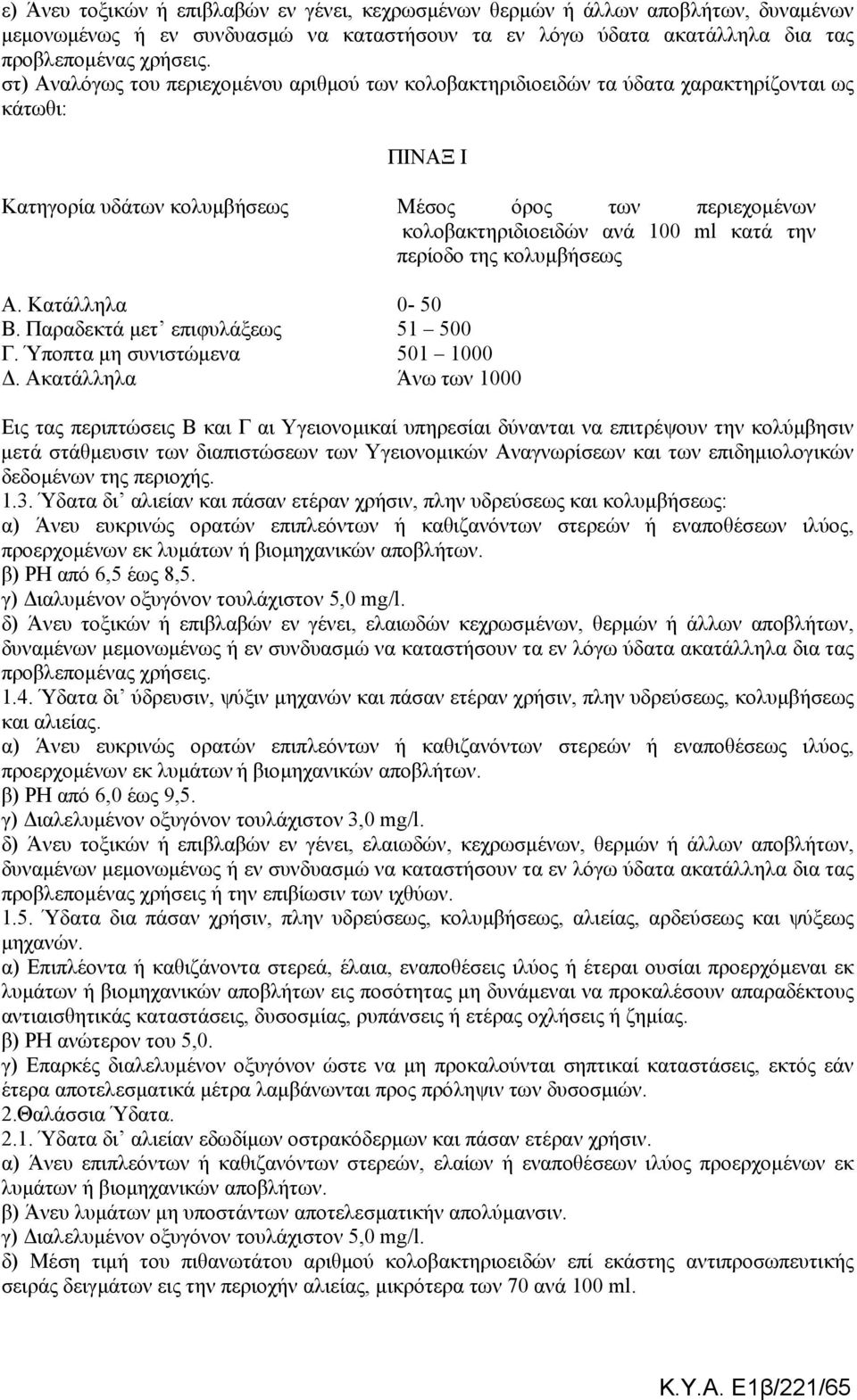 την περίοδο της κολυµβήσεως Α. Κατάλληλα 0-50 Β. Παραδεκτά µετ επιφυλάξεως 51 500 Γ. Ύποπτα µη συνιστώµενα 501 1000.