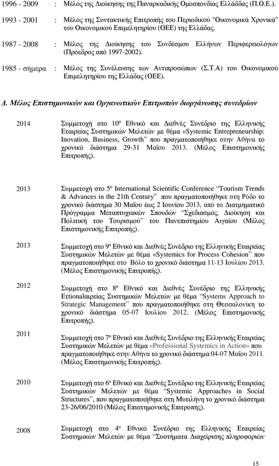 1987-2008 : Μέλος της Διοίκησης του Συνδέσμου Ελλήνων Περιφερειολόγων (Πρόεδρος από 1997-2002). 1985 - σήμερα : Μέλος της Συνέλευσης των Αντιπροσώπων (Σ.Τ.
