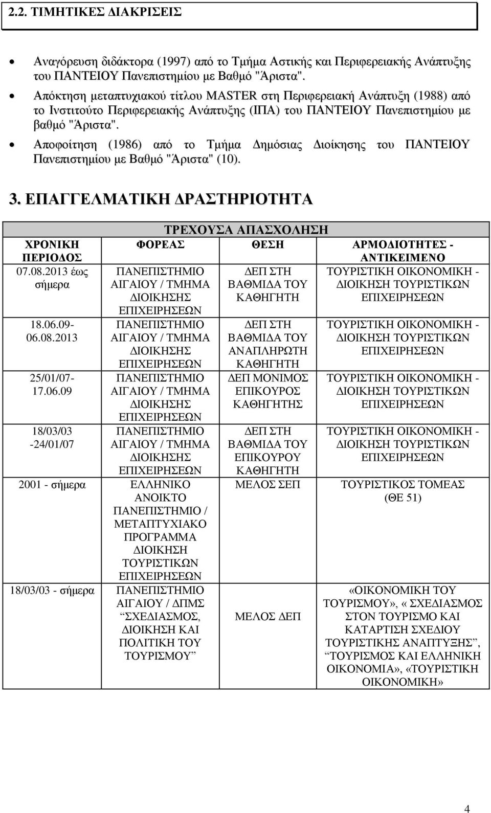 Αποφοίτηση (1986) από το Τμήμα Δημόσιας Διοίκησης του ΠΑΝΤΕΙΟΥ Πανεπιστημίου με Βαθμό "Άριστα" (10). 3. ΕΠΑΓΓΕΛΜΑΤΙΚΗ ΔΡΑΣΤΗΡΙΟΤΗΤΑ ΧΡΟΝΙΚΗ ΠΕΡΙΟΔΟΣ 07.08.2013 έως σήμερα 18.06.09-06.08.2013 25/01/07-17.