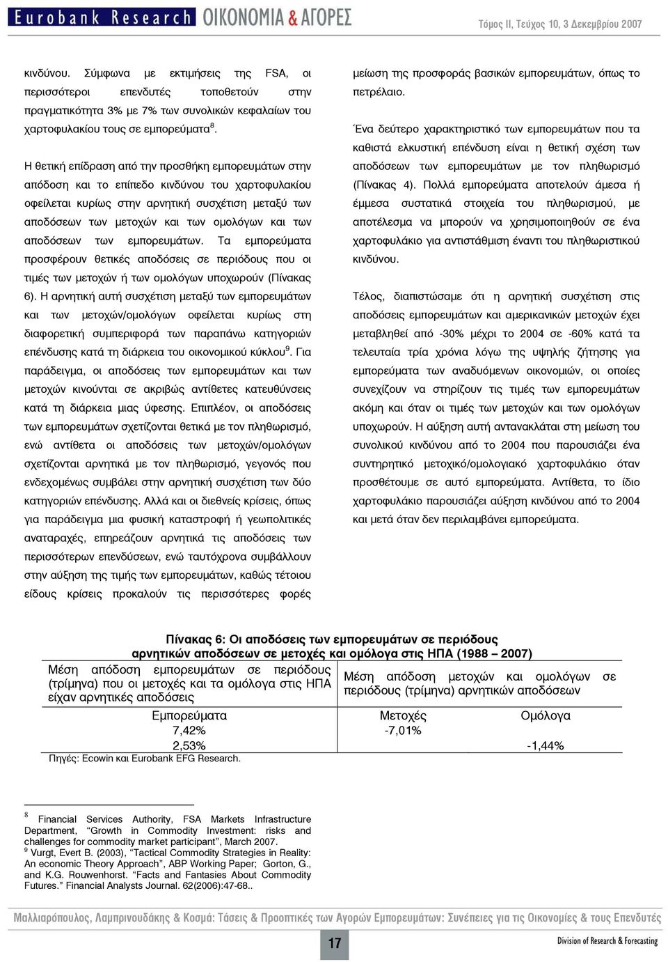 των αποδόσεων των εμπορευμάτων. Τα εμπορεύματα προσφέρουν θετικές αποδόσεις σε περιόδους που οι τιμές των μετοχών ή των ομολόγων υποχωρούν (Πίνακας 6).