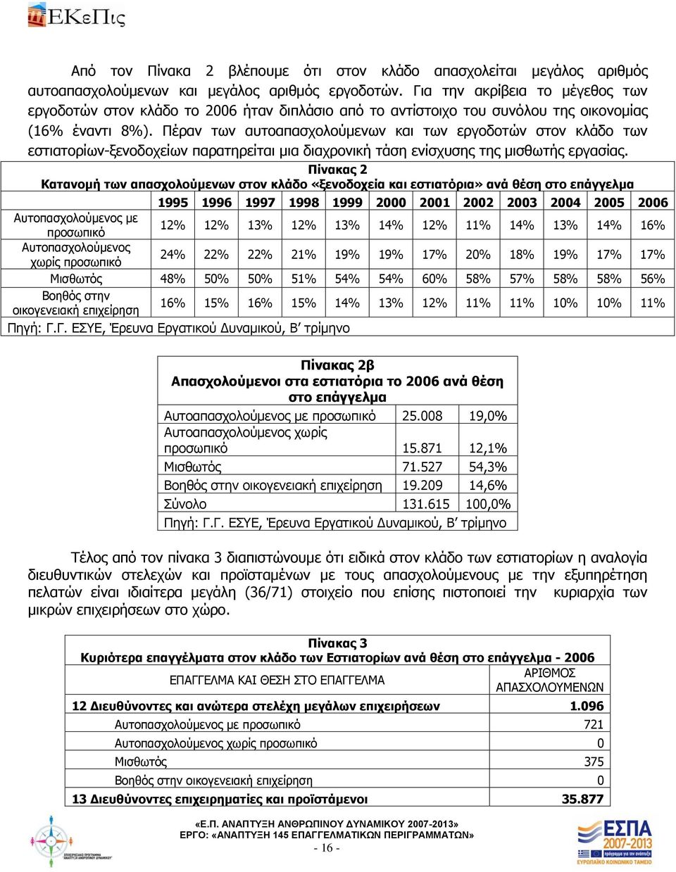 Πέραν των αυτοαπασχολούμενων και των εργοδοτών στον κλάδο των εστιατορίων-ξενοδοχείων παρατηρείται μια διαχρονική τάση ενίσχυσης της μισθωτής εργασίας.