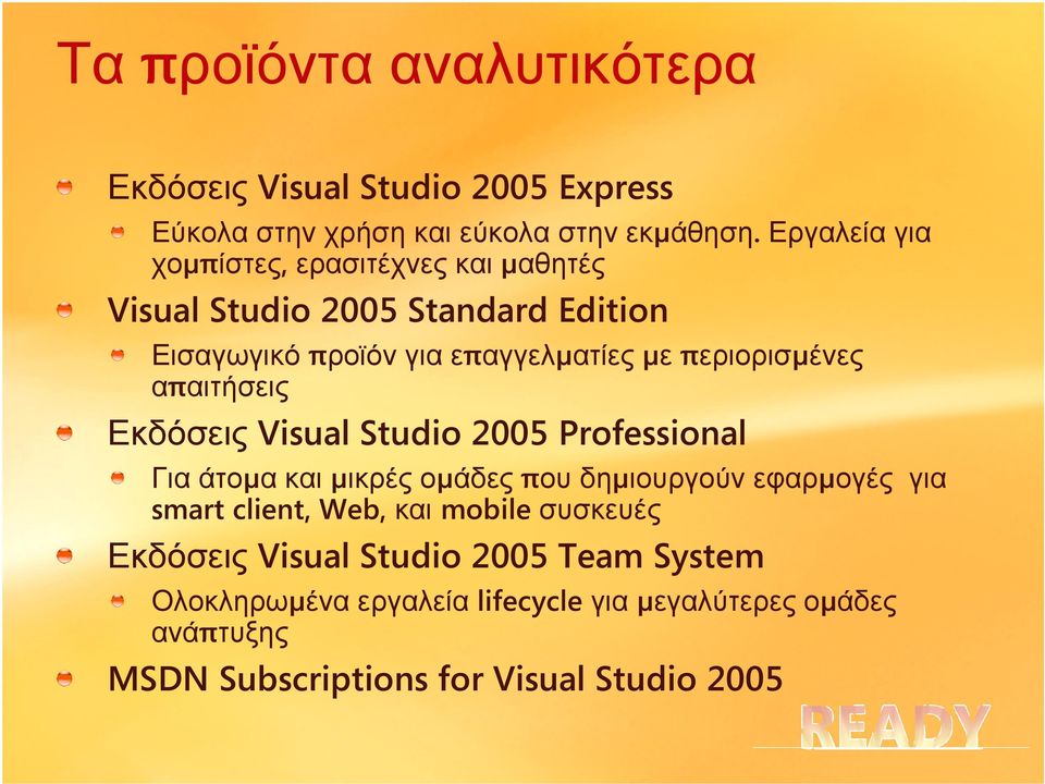 περιορισµένες απαιτήσεις Εκδόσεις Visual Studio 2005 Professional Για άτοµα και µικρές οµάδες που δηµιουργούν εφαρµογές για smart