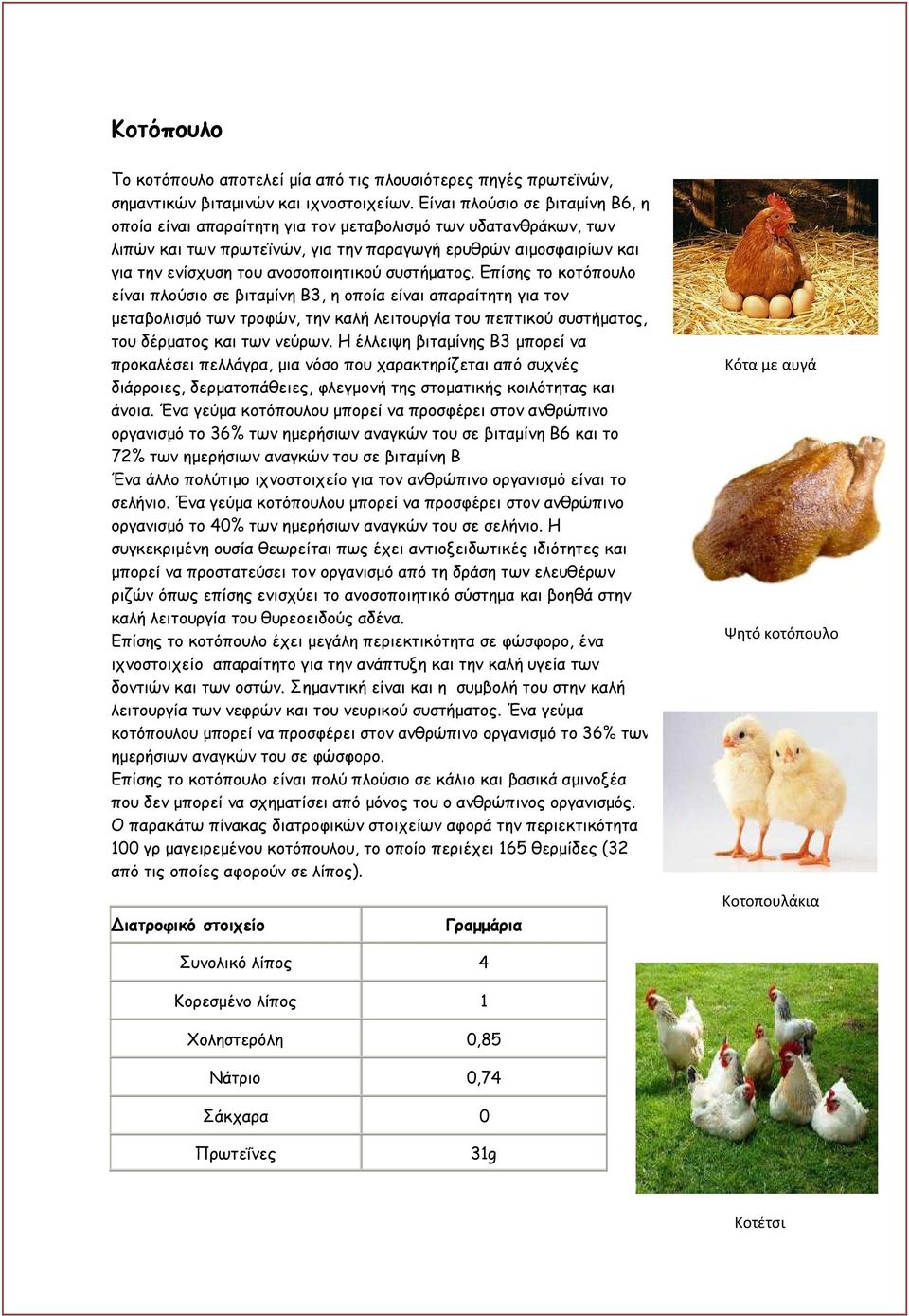 συστήµατος. Επίσης το κοτόπουλο είναι πλούσιο σε βιταµίνη Β3, η οποία είναι απαραίτητη για τον µεταβολισµό των τροφών, την καλή λειτουργία του πεπτικού συστήµατος, του δέρµατος και των νεύρων.