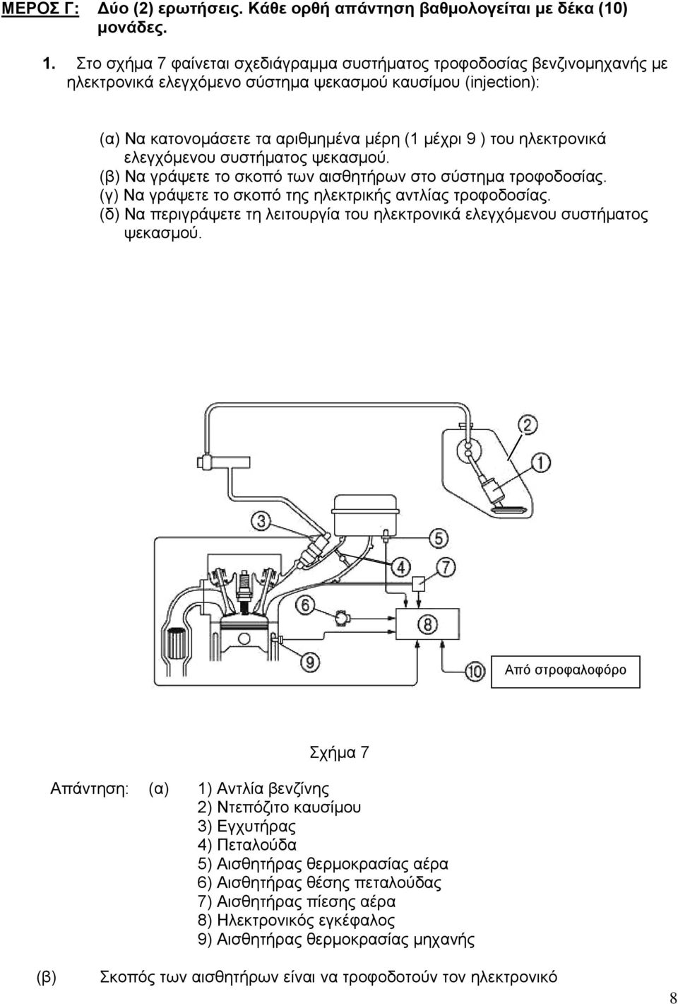 ηλεκτρονικά ελεγχόμενου συστήματος ψεκασμού. (β) Να γράψετε το σκοπό των αισθητήρων στο σύστημα τροφοδοσίας. (γ) Να γράψετε το σκοπό της ηλεκτρικής αντλίας τροφοδοσίας.