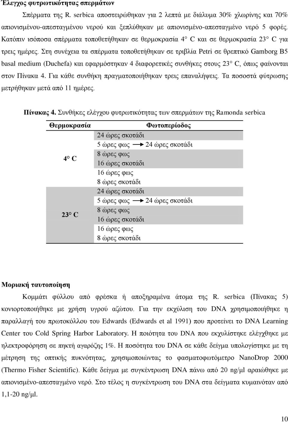 Κατόπιν ισόποσα σπέρματα τοποθετήθηκαν σε θερμοκρασία 4 C και σε θερμοκρασία 23 C για τρεις ημέρες.