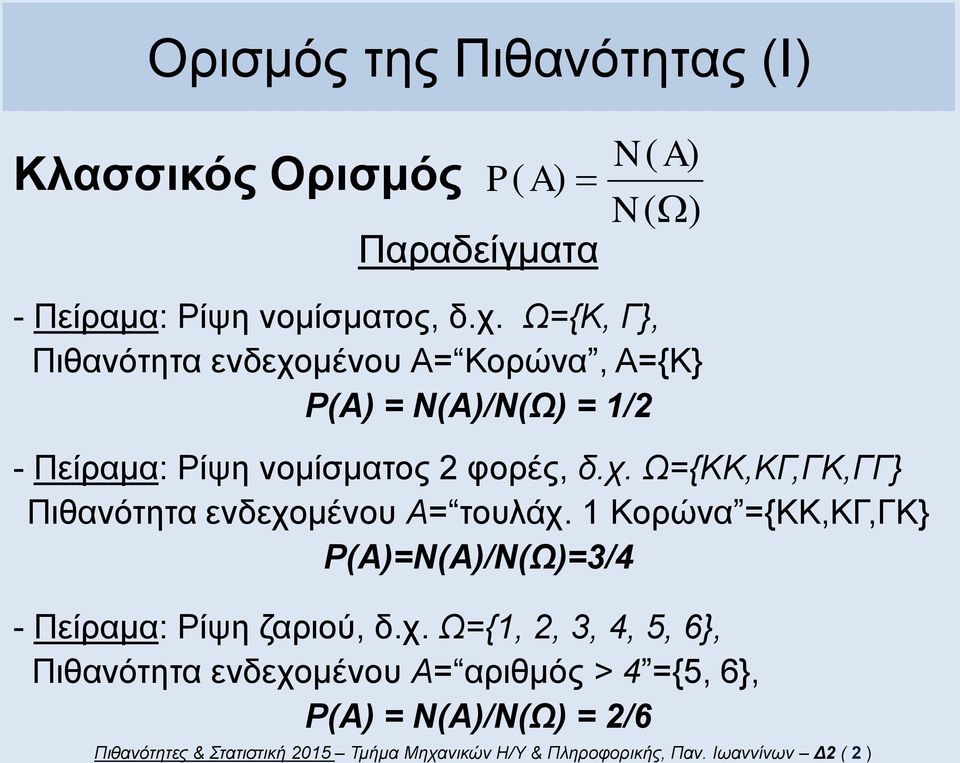 Κορώνα ={ΚΚ,ΚΓ,ΓΚ} ()=N()/N(Ω)=3/4 - Πείραμα: Ρίψη ζαριού, δ.χ.