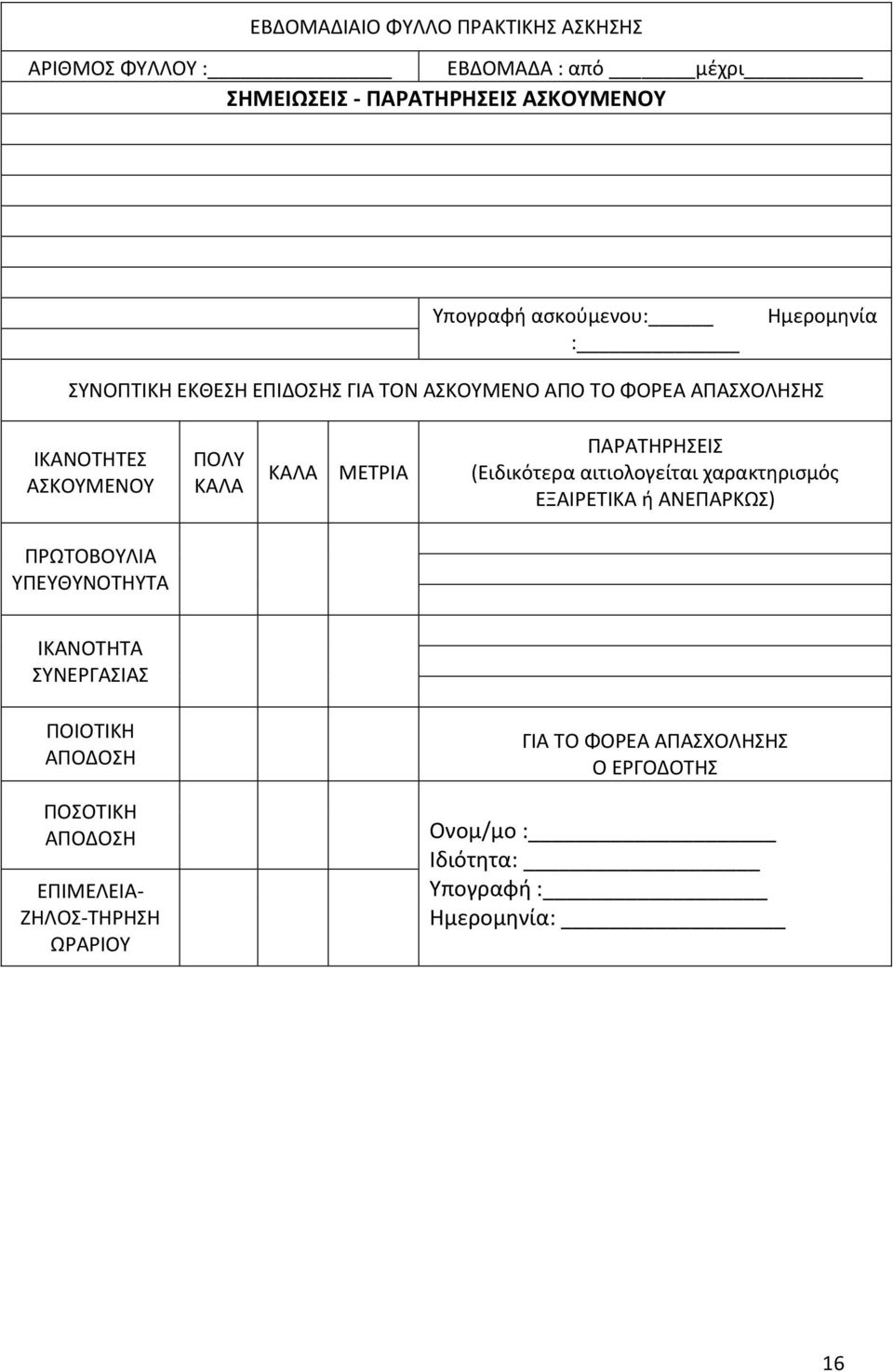 ΜΕΤΡΙΑ ΠΑΡΑΤΗΡΗΣΕΙΣ (Ειδικότερα αιτιολογείται χαρακτηρισμός ΕΞΑΙΡΕΤΙΚΑ ή ΑΝΕΠΑΡΚΩΣ) ΠΡΩΤΟΒΟΥΛΙΑ ΥΠΕΥΘΥΝΟΤΗΥΤΑ ΙΚΑΝΟΤΗΤΑ