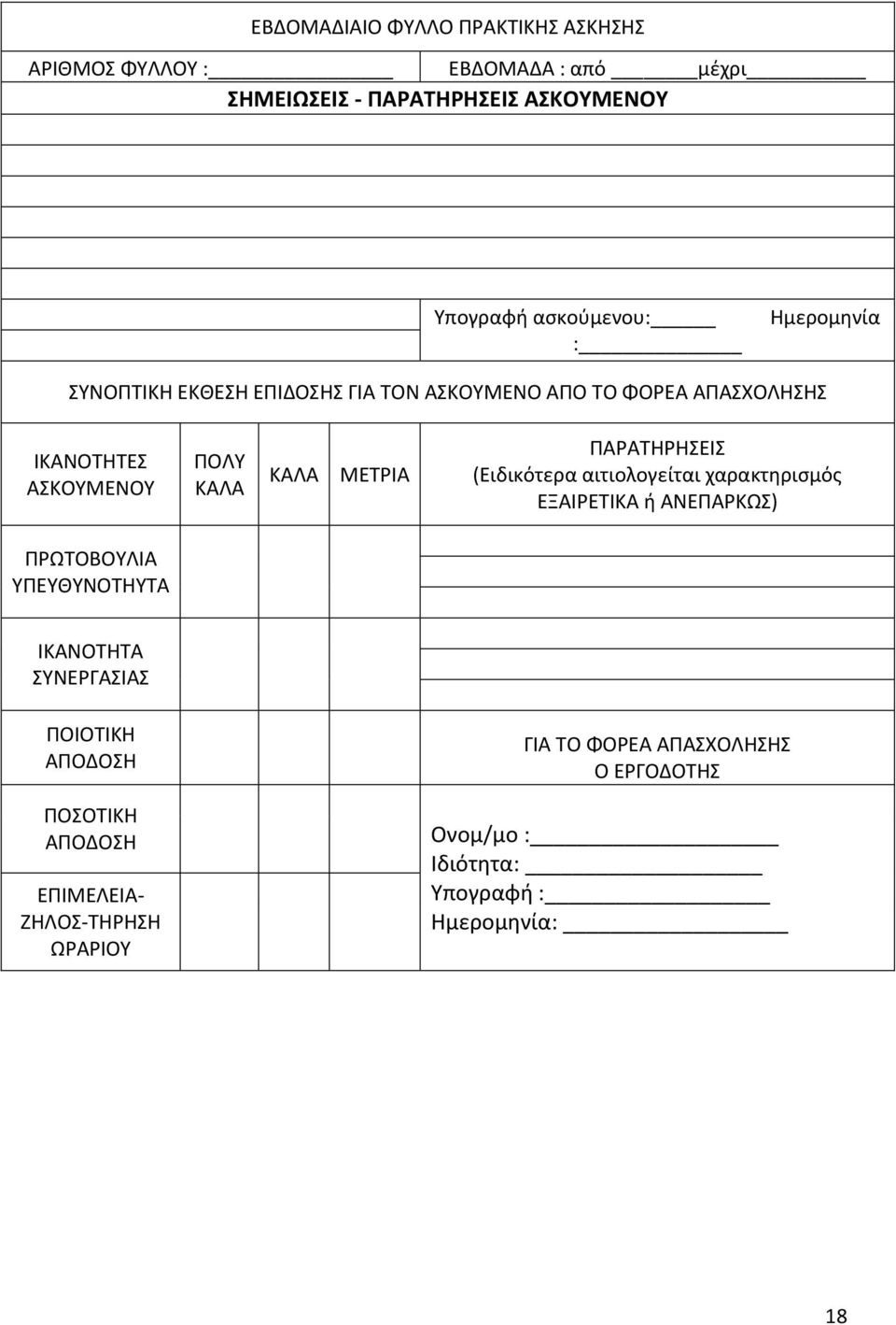 ΜΕΤΡΙΑ ΠΑΡΑΤΗΡΗΣΕΙΣ (Ειδικότερα αιτιολογείται χαρακτηρισμός ΕΞΑΙΡΕΤΙΚΑ ή ΑΝΕΠΑΡΚΩΣ) ΠΡΩΤΟΒΟΥΛΙΑ ΥΠΕΥΘΥΝΟΤΗΥΤΑ ΙΚΑΝΟΤΗΤΑ