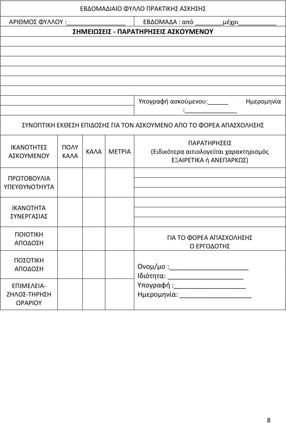 ΜΕΤΡΙΑ ΠΑΡΑΤΗΡΗΣΕΙΣ (Ειδικότερα αιτιολογείται χαρακτηρισμός ΕΞΑΙΡΕΤΙΚΑ ή ΑΝΕΠΑΡΚΩΣ) ΠΡΩΤΟΒΟΥΛΙΑ ΥΠΕΥΘΥΝΟΤΗΥΤΑ ΙΚΑΝΟΤΗΤΑ