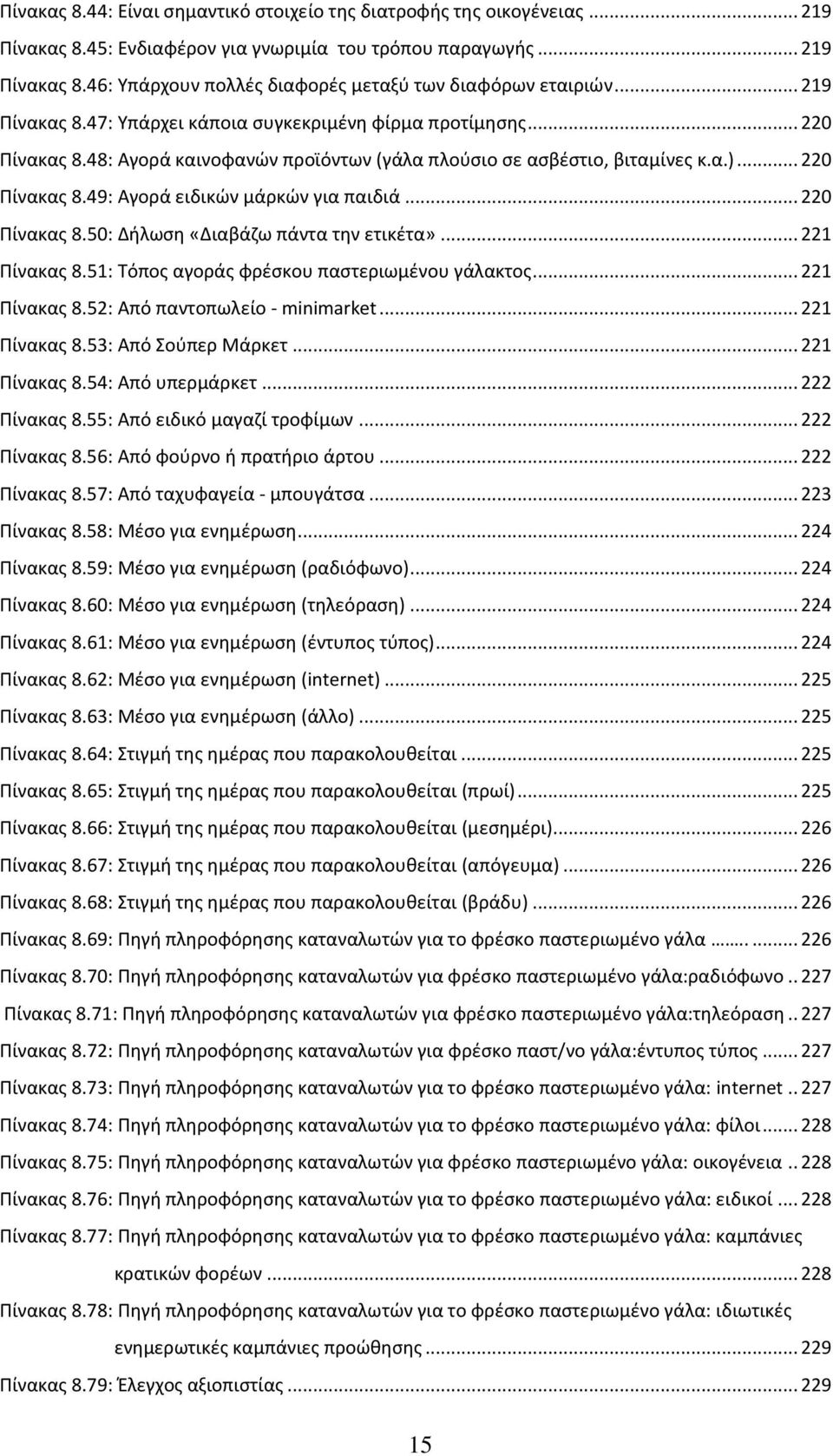 .. 220 Πίνακας 8.50: Δήλωση «Διαβάζω πάντα την ετικέτα»... 221 Πίνακας 8.51: Τόπος αγοράς φρέσκου παστεριωμένου γάλακτος... 221 Πίνακας 8.52: Από παντοπωλείο - minimarket... 221 Πίνακας 8.53: Από Σούπερ Μάρκετ.