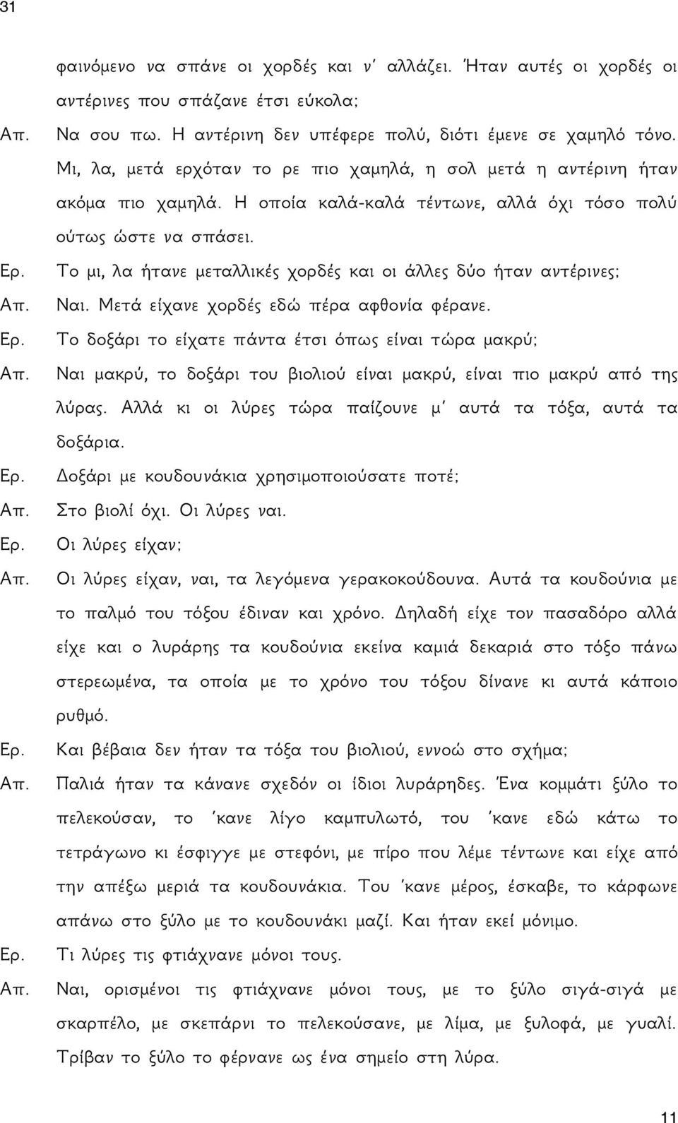 Το μι, λα ήτανε μεταλλικές χορδές και οι άλλες δύο ήταν αντέρινες; Ναι. Μετά είχανε χορδές εδώ πέρα αφθονία φέρανε.