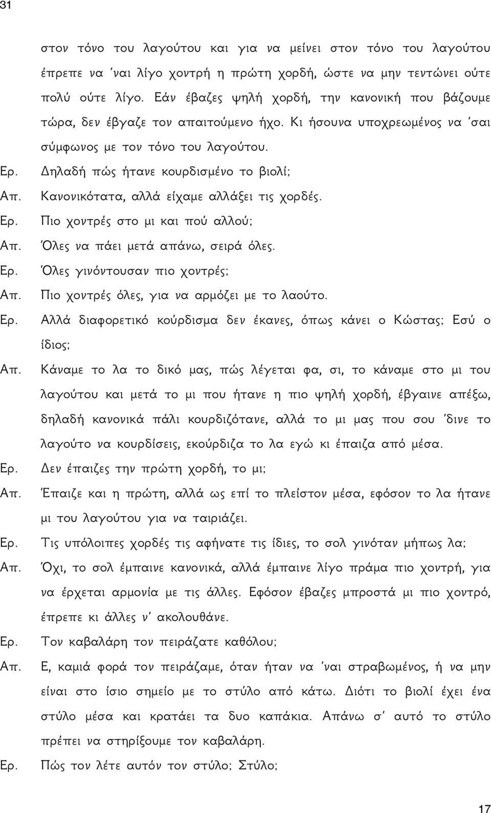 Δηλαδή πώς ήτανε κουρδισμένο το βιολί; Κανονικότατα, αλλά είχαμε αλλάξει τις χορδές. Πιο χοντρές στο μι και πού αλλού; Όλες να πάει μετά απάνω, σειρά όλες.