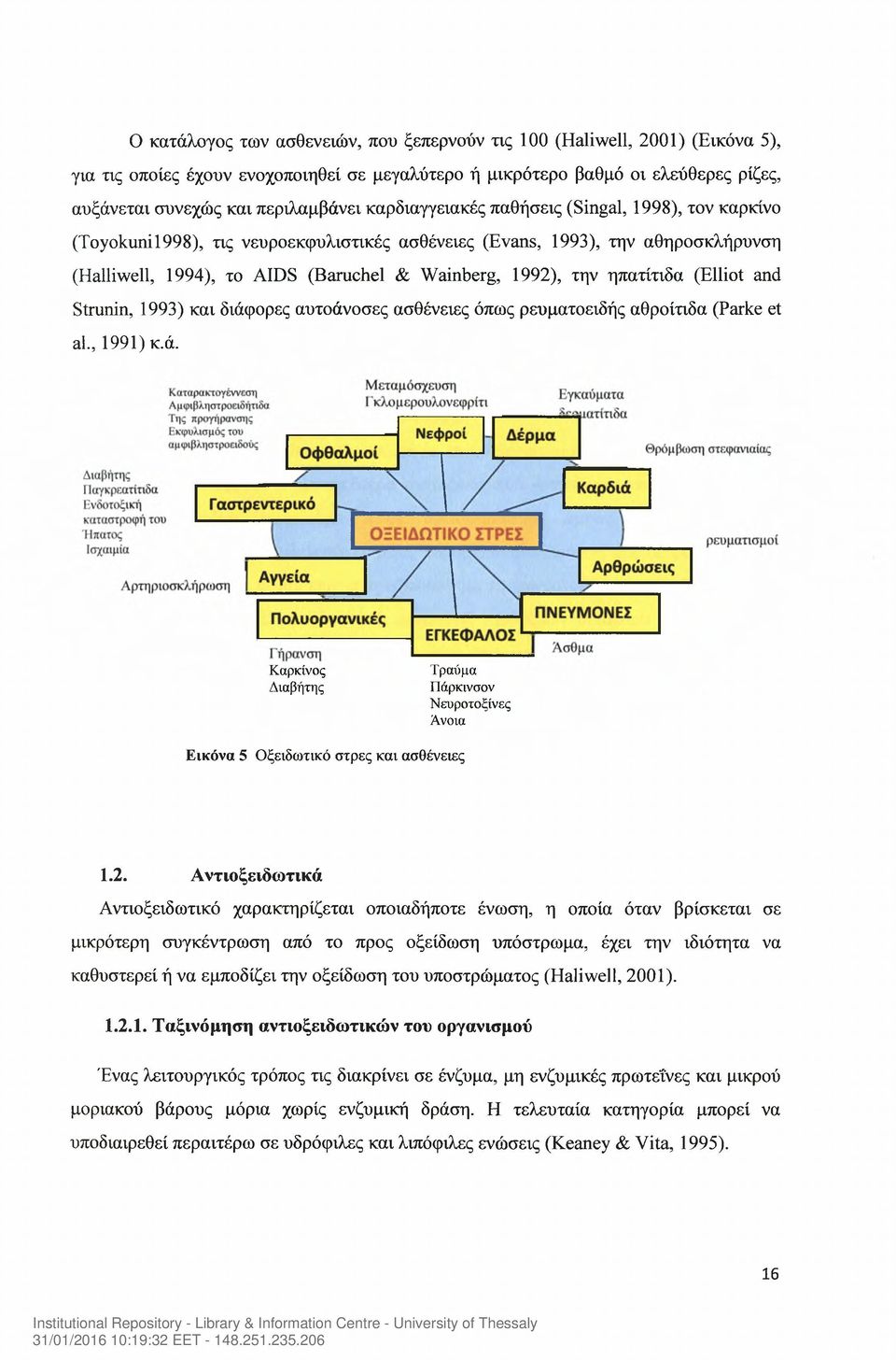 ηπατίτιδα (Elliot and Strunin, 1993) και διάφορες αυτοάνοσες ασθένειες όπως ρευματοειδής αθροίτιδα (Parke et al., 1991) κ.ά. Καρκίνος Διαβήτης Τραύμα Πάρκινσον Νεοροτοξίνες Άνοια Εικόνα 5 Οξειδωτικό στρες και ασθένειες 1.