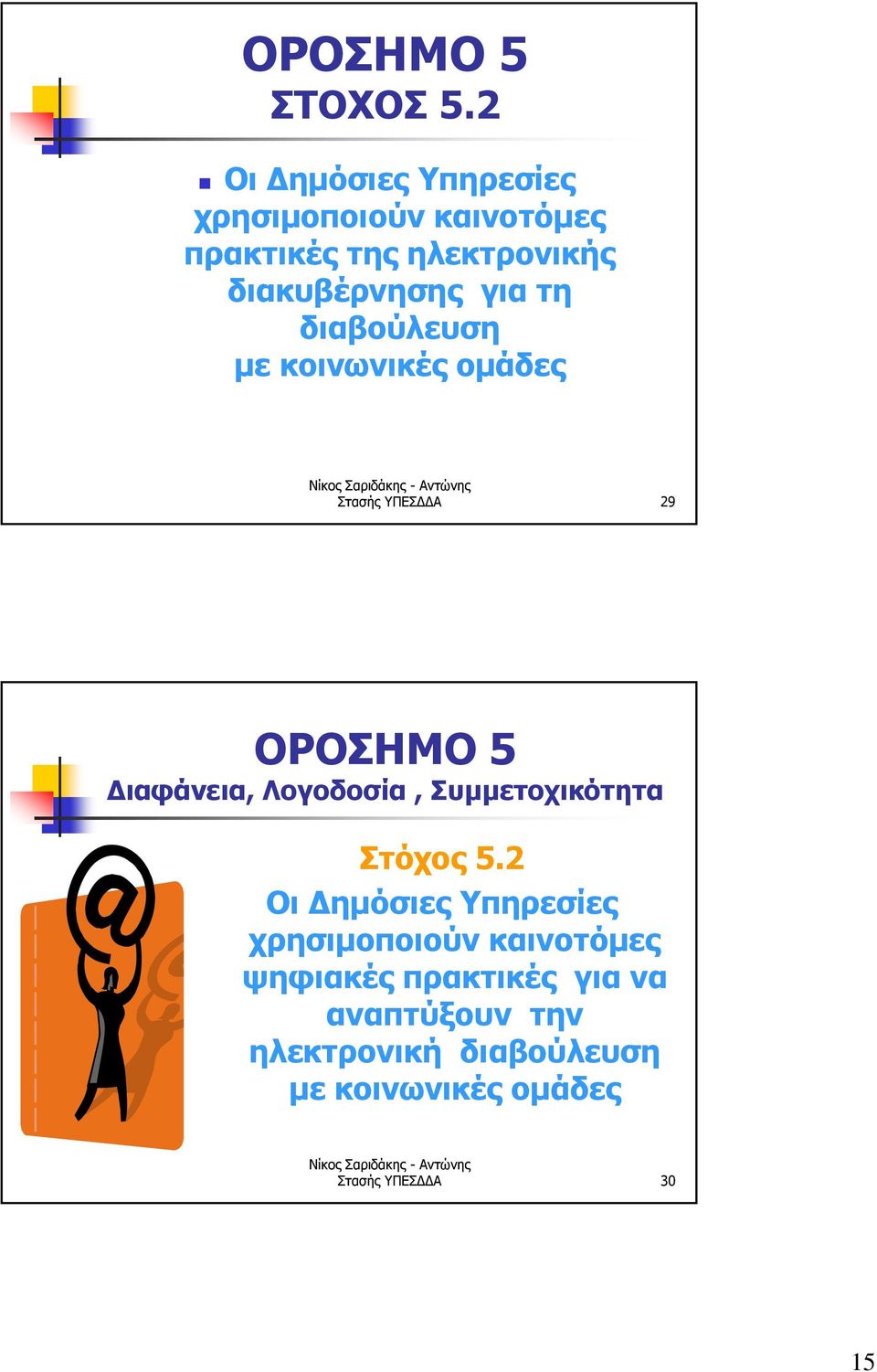 τη διαβούλευση με κοινωνικές ομάδες Στασής ΥΠΕΣΔΔΑ 29 ΟΡΟΣΗΜΟ 5 Διαφάνεια, Λογοδοσία,