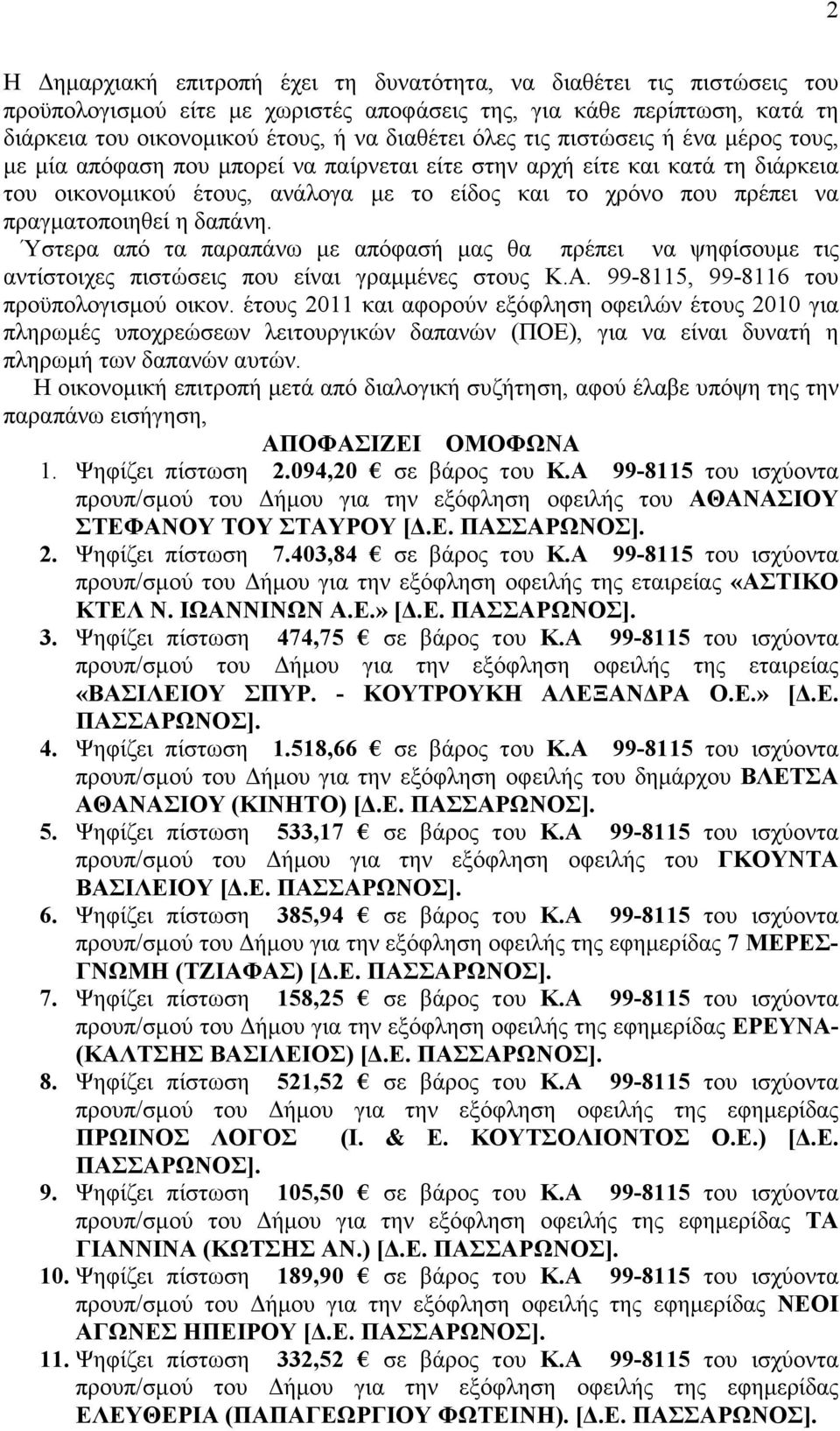 δαπάνη. Ύστερα από τα παραπάνω με απόφασή μας θα πρέπει να ψηφίσουμε τις αντίστοιχες πιστώσεις που είναι γραμμένες στους Κ.Α. 99-8115, 99-8116 του προϋπολογισμού οικον.