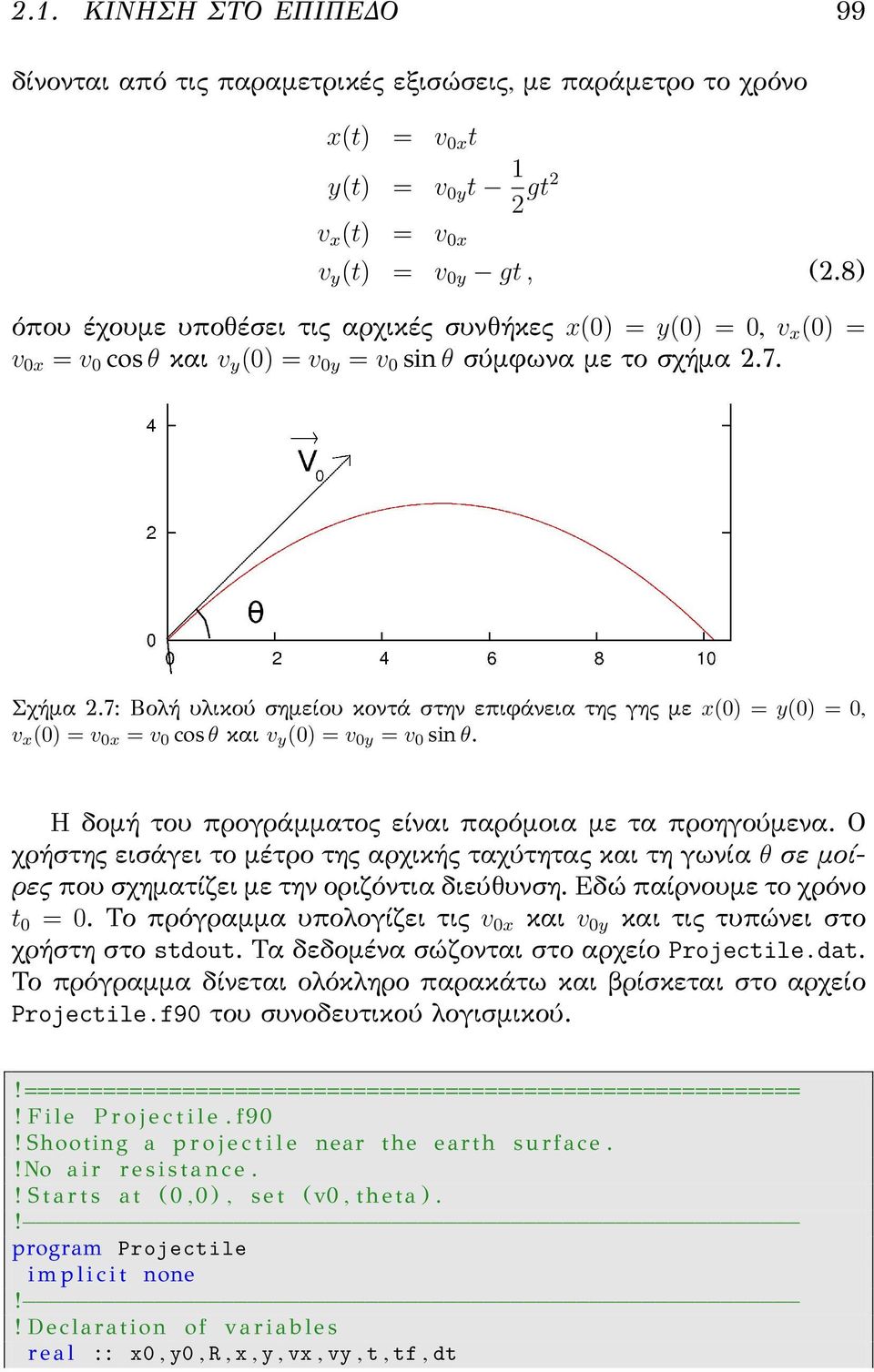 7: Βολή υλικού σημείου κοντά στην επιφάνεια της γης με x(0) = y(0) = 0, v x (0) = v 0x = v 0 cos θ και v y (0) = v 0y = v 0 sin θ. Η δομή του προγράμματος είναι παρόμοια με τα προηγούμενα.