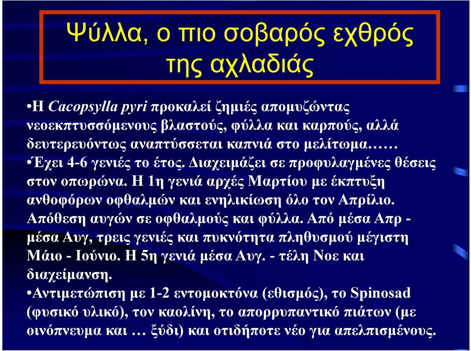 Η 1η γενιά αρχές Μαρτίου με έκπτυξη ανθοφόρων οφθαλμών και ενηλικίωση όλο τον Απρίλιο. Απόθεση αυγών σε οφθαλμούς και φύλλα.