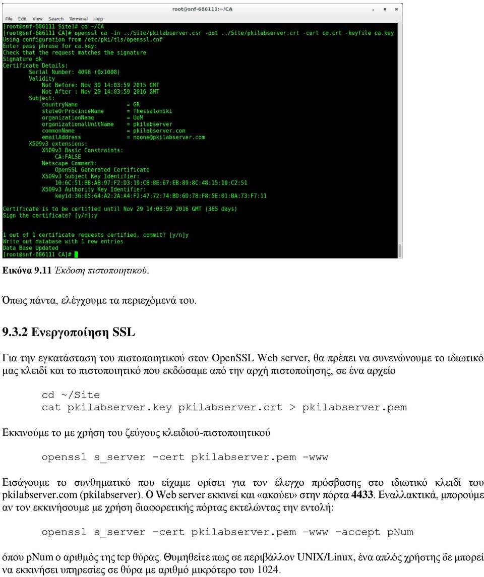 αρχείο cd ~/Site cat pkilabserver.key pkilabserver.crt > pkilabserver.pem Εκκινούμε το με χρήση του ζεύγους κλειδιού-πιστοποιητικού openssl s_server -cert pkilabserver.