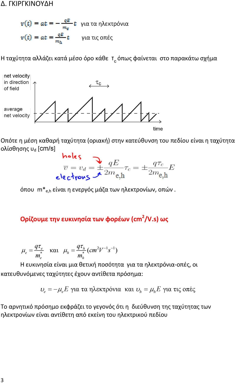 s) ως qτ qτ μ = = m h 2 1 1 και μ ( ) * h cm V s * mh Η ευκινησία είναι μια θετική ποσότητα για τα ηλεκτρόνια οπές, οι κατευθυνόμενες ταχύτητες έχουν αντίθετα