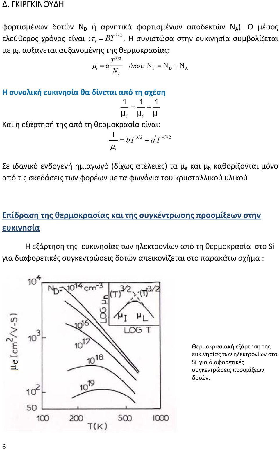 εξάρτησή της από τη θερμοκρασία είναι: 1 = bt + at μ t I 3/2 ' 3/2 Σε ιδανικό ενδογενή ημιαγωγό (δίχως ατέλειες) τα μ και μ h καθορίζονται μόνο από τις σκεδάσεις των φορέων με τα φωνόνια του