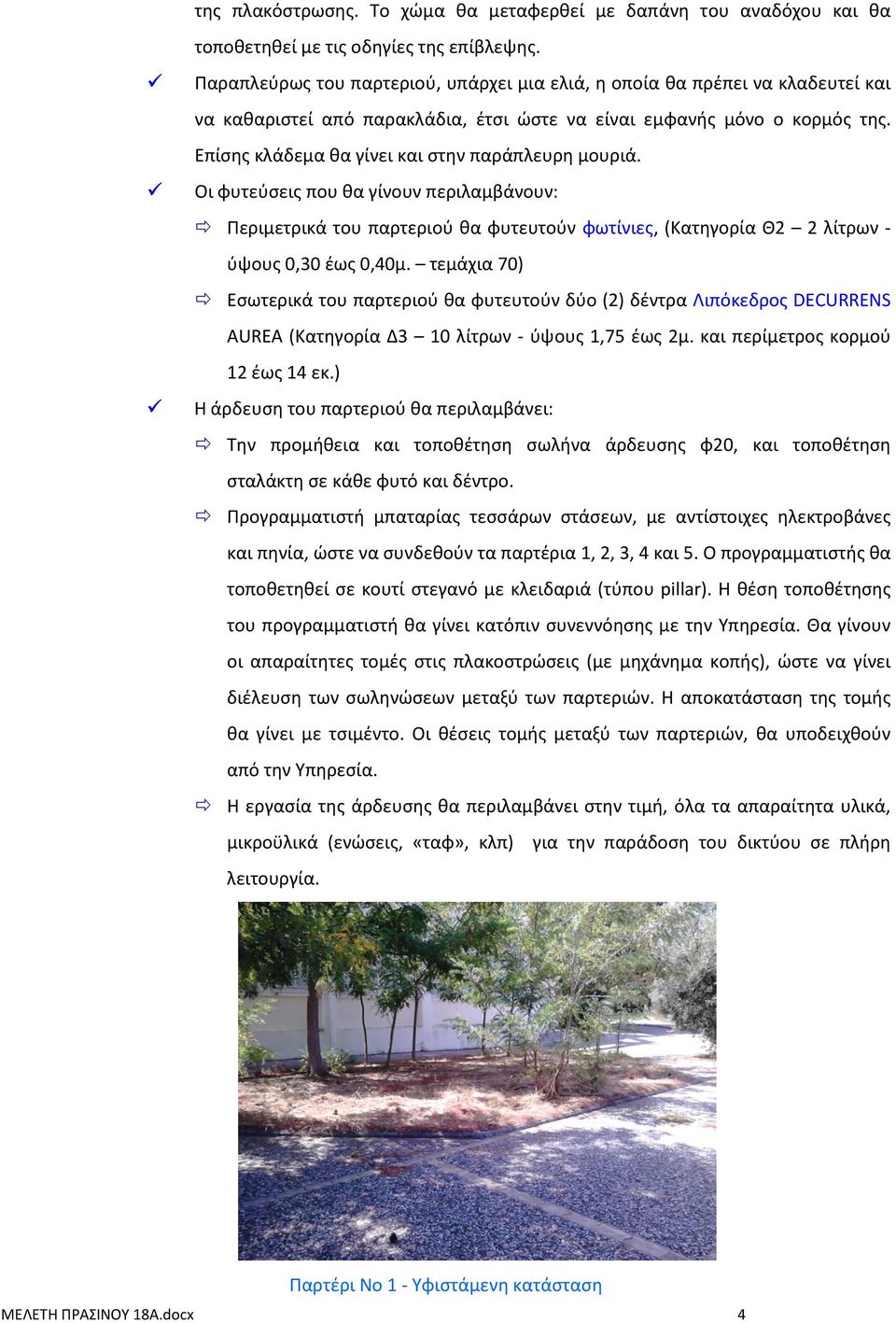 Επίσης κλάδεμα θα γίνει και στην παράπλευρη μουριά. Περιμετρικά του παρτεριού θα φυτευτούν φωτίνιες, (Κατηγορία Θ2 2 λίτρων - ύψους 0,30 έως 0,40μ.