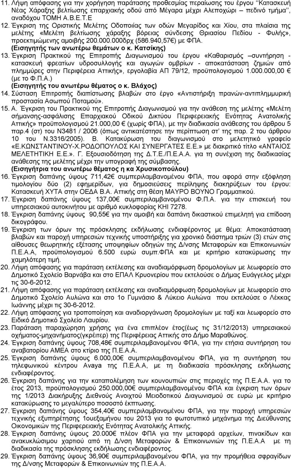 000δρχ (586.940,57 ) με ΦΠΑ. (Εισηγητής των ανωτέρω θεμάτων ο κ. Κατσίκης) 13.