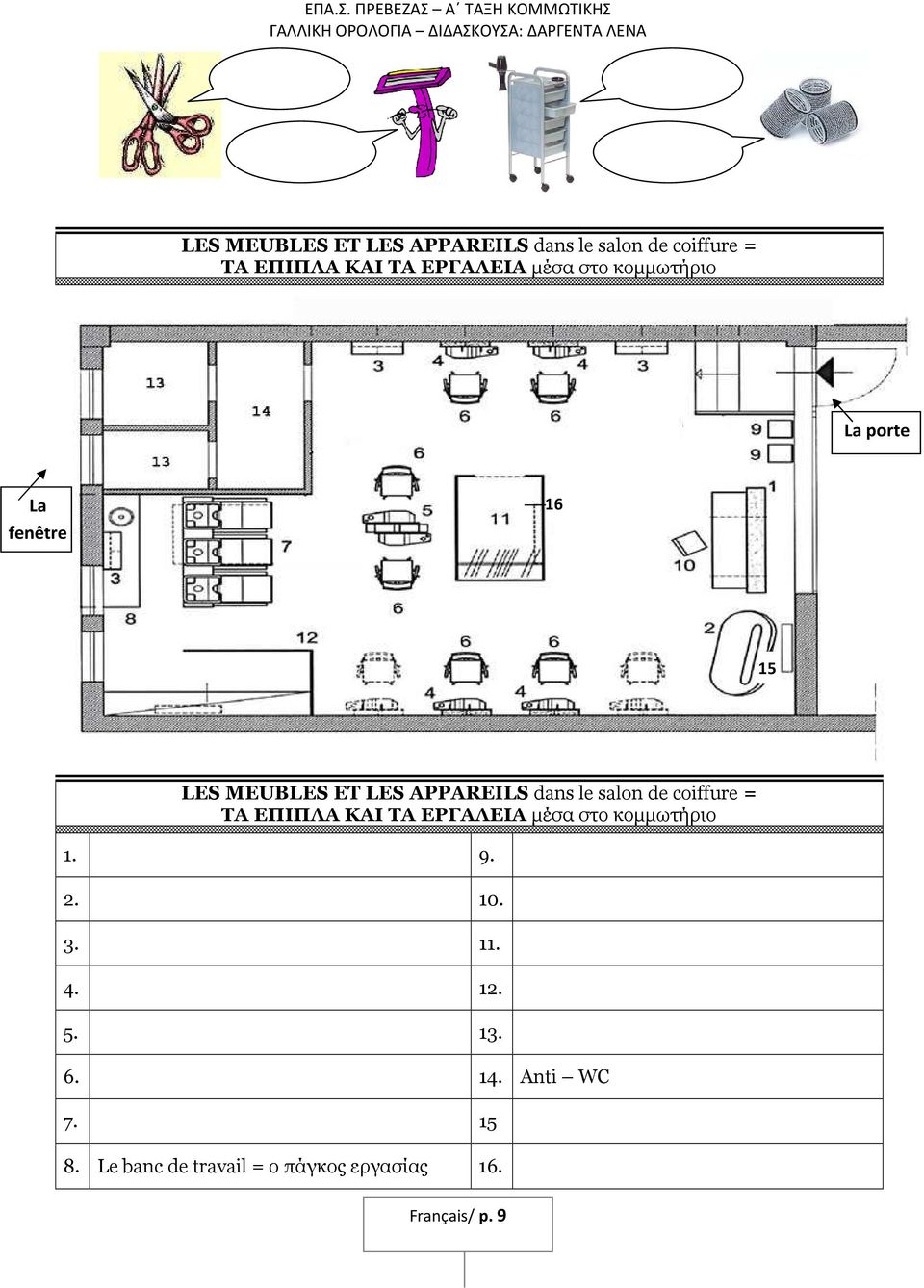 porte 15 LES MEUBLES ET LES APPAREILS dans le salon de coiffure = ΤΑ ΕΠΙΠΛΑ ΚΑΙ ΤΑ ΕΡΓΑΛΕΙΑ µέσα στο κοµµωτήριο 1.