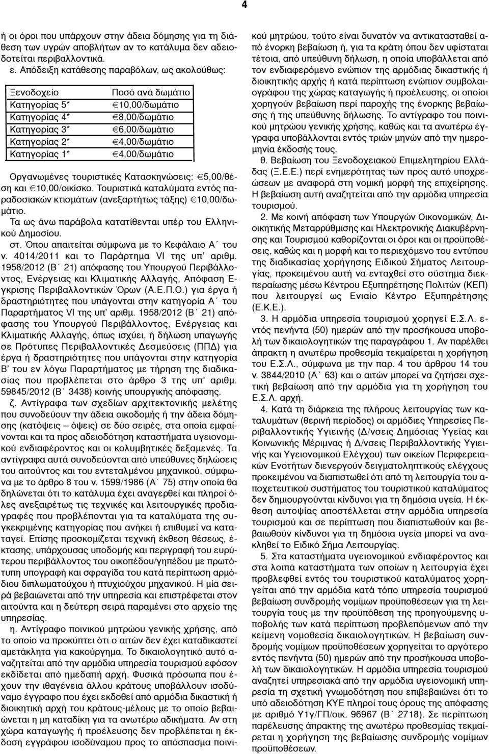 4,00/δωµάτιο Οργανωµένες τουριστικές Κατασκηνώσεις: 5,00/θέση και 10,00/οικίσκο. Τουριστικά καταλύµατα εντός παραδοσιακών κτισµάτων (ανεξαρτήτως τάξης) 10,00/δω- µάτιο.