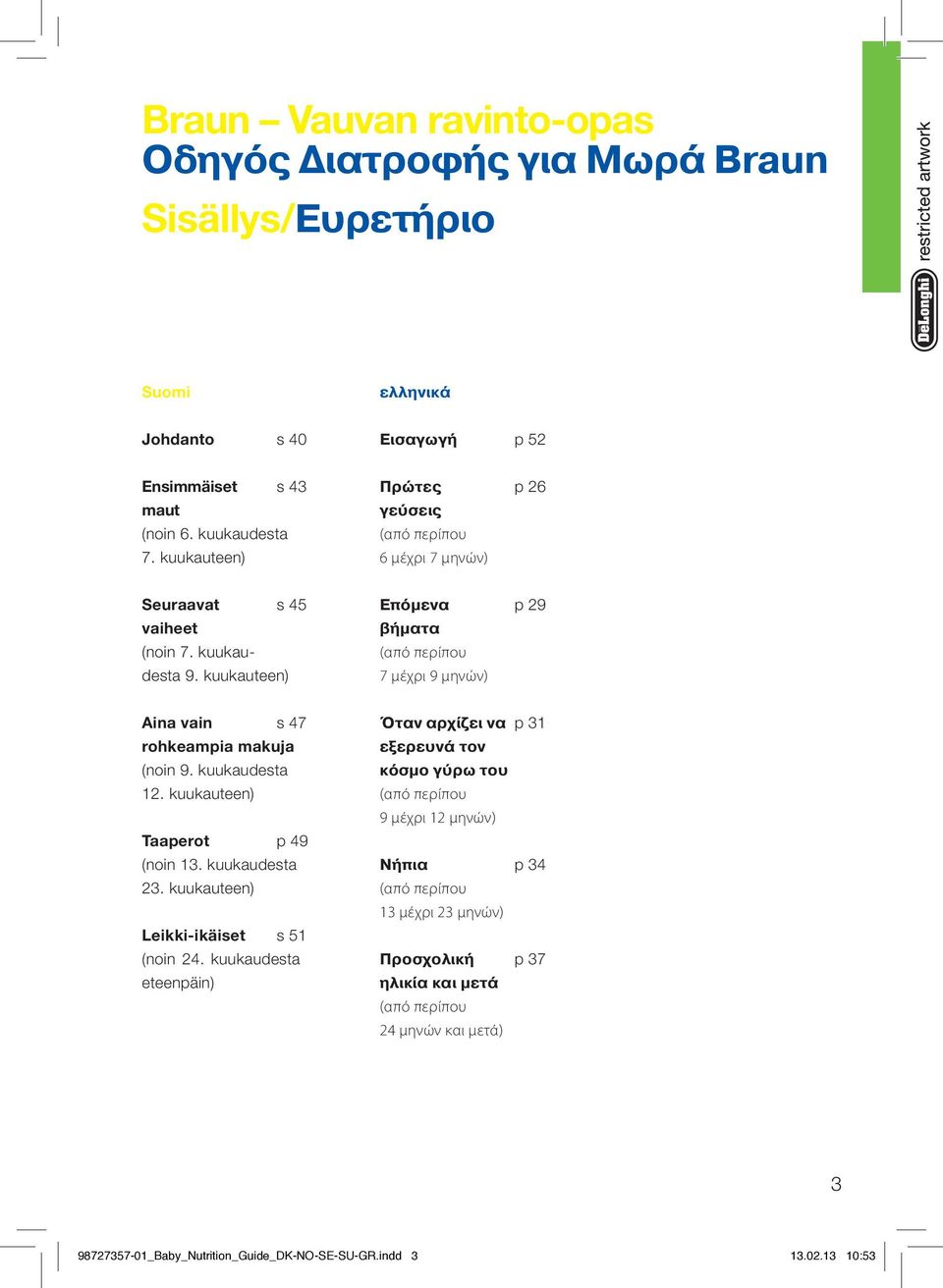 kuukauteen) Επόμενα βήματα (από περίπου 7 μέχρι 9 μηνών) p 29 Aina vain s 47 rohkeampia makuja (noin 9. kuukaudesta 12. kuukauteen) Taaperot p 49 (noin 13. kuukaudesta 23.