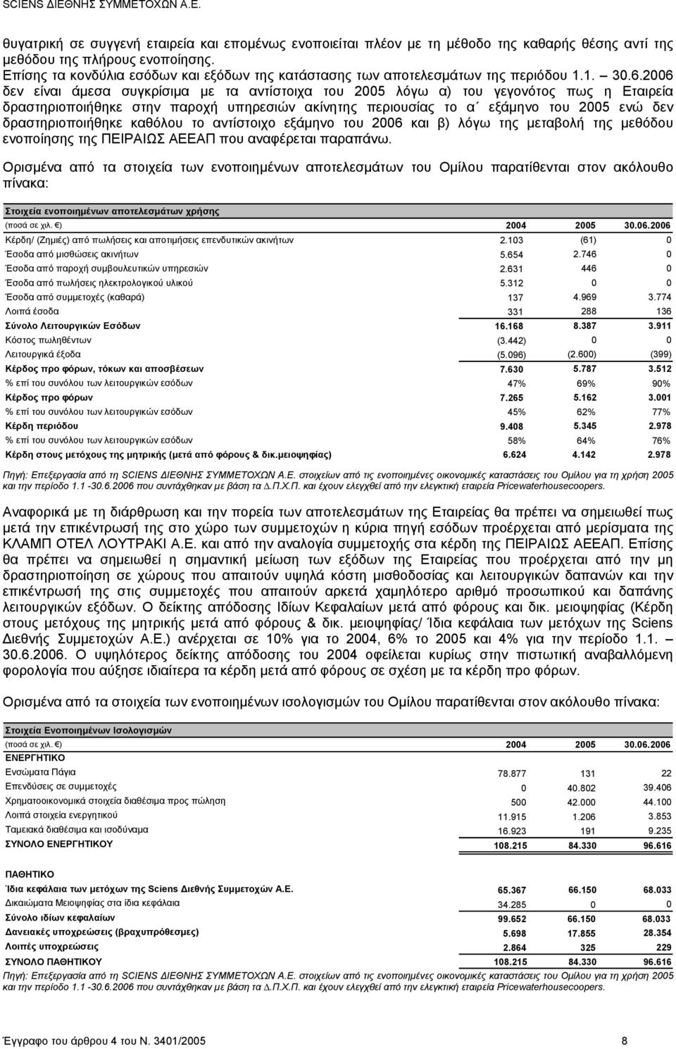 2006 δεν είναι άμεσα συγκρίσιμα με τα αντίστοιχα του 2005 λόγω α) του γεγονότος πως η Εταιρεία δραστηριοποιήθηκε στην παροχή υπηρεσιών ακίνητης περιουσίας το α εξάμηνο του 2005 ενώ δεν