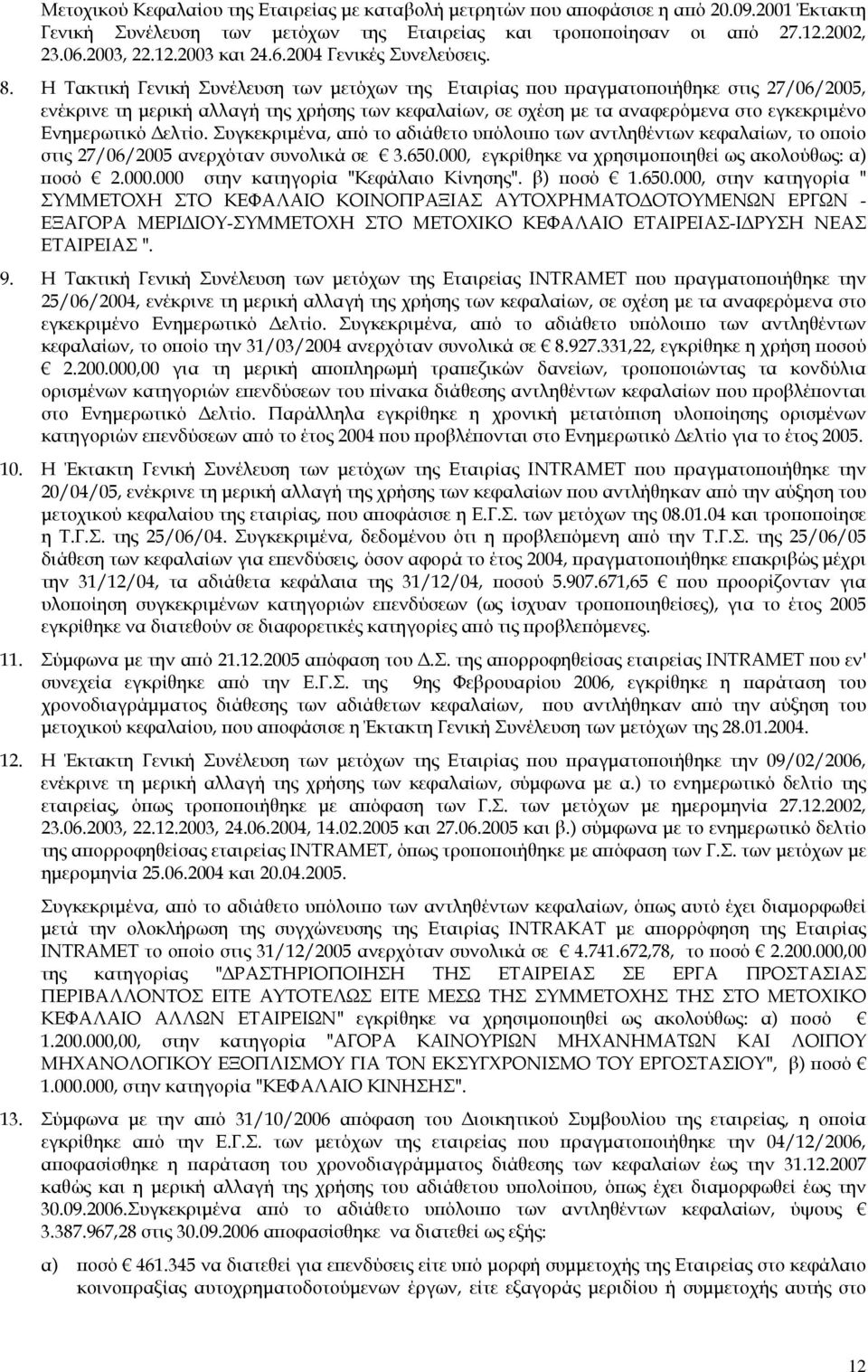 Η Τακτική Γενική Συνέλευση των μετόχων της Εταιρίας που πραγματοποιήθηκε στις 27/06/2005, ενέκρινε τη μερική αλλαγή της χρήσης των κεφαλαίων, σε σχέση με τα αναφερόμενα στο εγκεκριμένο Ενημερωτικό