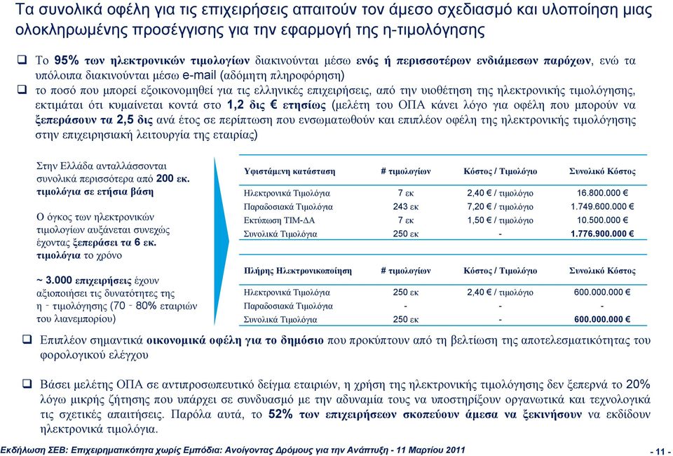 ηλεκτρονικής τιμολόγησης, εκτιμάται ότι κυμαίνεται κοντά στο 1,2 δις ετησίως (μελέτη του ΟΠΑ κάνει λόγο για οφέλη που μπορούν να ξεπεράσουν τα 2,5 δις ανά έτος σε περίπτωση που ενσωματωθούν και